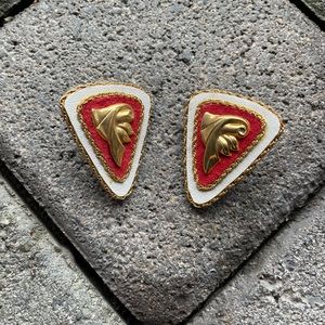 Vintage. Red, White Triangular Earrings Gold Accent